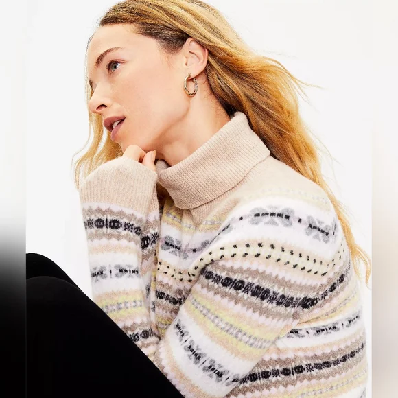 LOFT Striped Neutral Beige Fair Isle Turtleneck Sweater Women's Size Large L - Picture 3 of 12